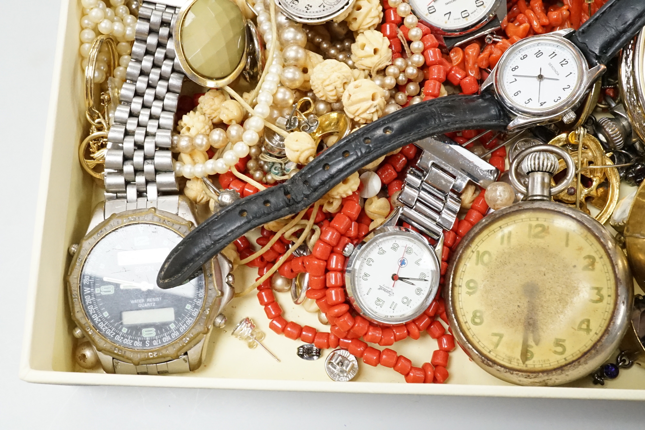 A group of assorted wrist and pocket watches and sundry costume jewellery.